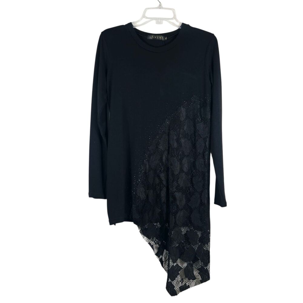 Lavena Small Black Dressy Long Sleeve Top | Lace Bead Detail